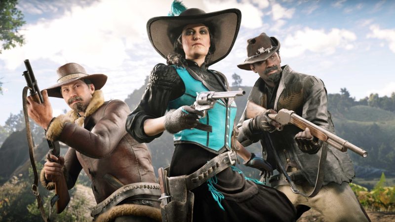 Two men and a woman holding guns