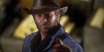 Red Dead Redemption 2 protagonist with gold bars in the background