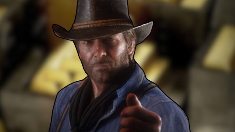 Red Dead Redemption 2 protagonist with gold bars in the background